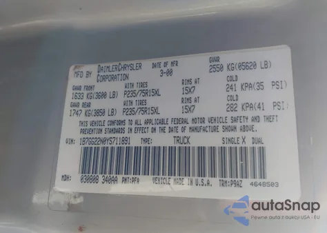 2000 Dodge Dakota Slt/Sport from USA, damaged, VIN 1B7GG22N0YS711891